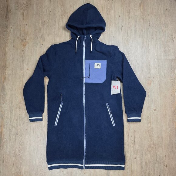 NWT Kari Traa Women's Rothe L Hood Fleece Hoodie Size M Long Full Zip Navy - Picture 1 of 9